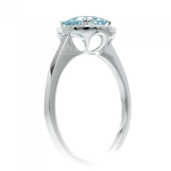 Aquamarine 8mm round halo engagement diamond ring in white gold plain shank