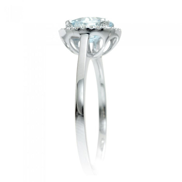 Aquamarine 8mm round halo engagement diamond ring in white gold plain shank