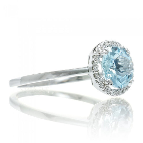 Aquamarine 8mm round halo engagement diamond ring in white gold plain shank