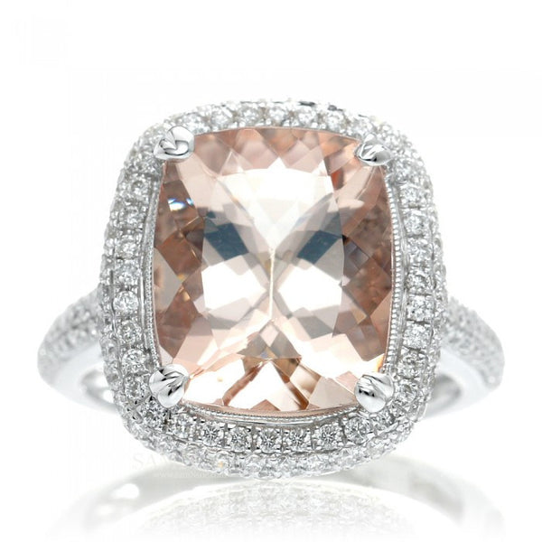 Cushion morganite engagement ring diamond pave halo band 12x10