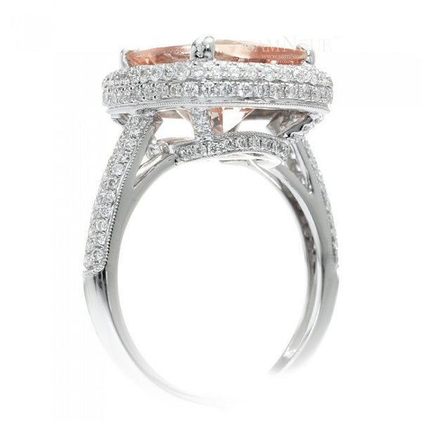 Cushion morganite engagement ring diamond pave halo band 12x10