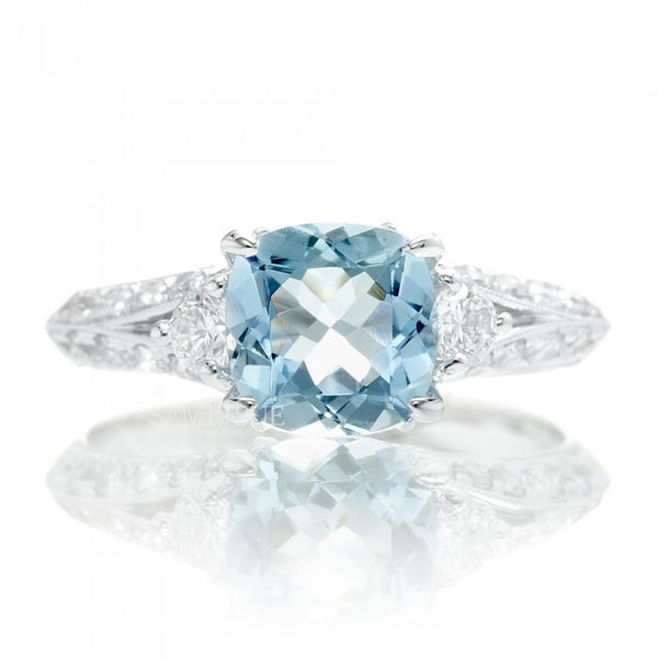 Aquamarine Cushion 7x7 Vintage Solitaire Diamond Engagement Ring