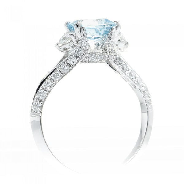 Aquamarine Cushion 7x7 Vintage Solitaire Diamond Engagement Ring