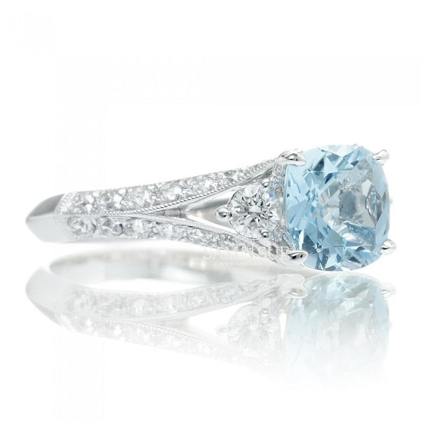 Aquamarine Cushion 7x7 Vintage Solitaire Diamond Engagement Ring