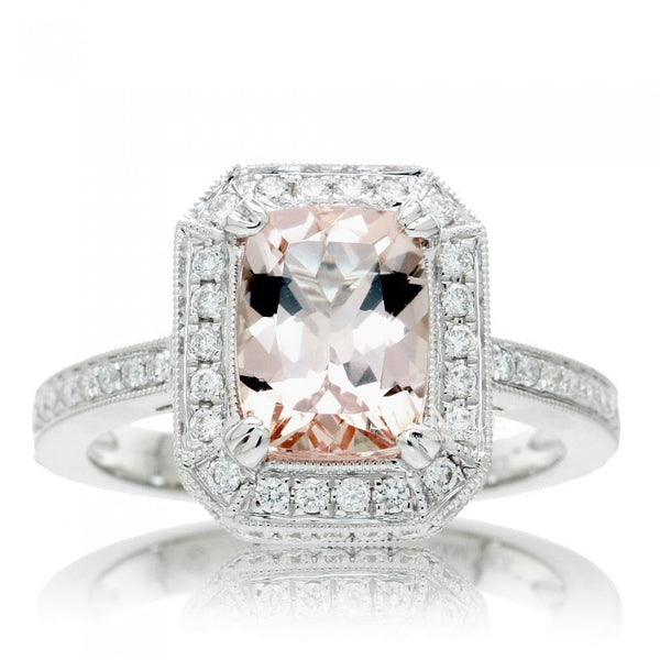 Cushion 9x7 Morganite Diamond Halo Engagement Ring