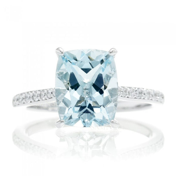 Aquamarine 10x8 solitaire cushion pavé halo diamond engagement ring