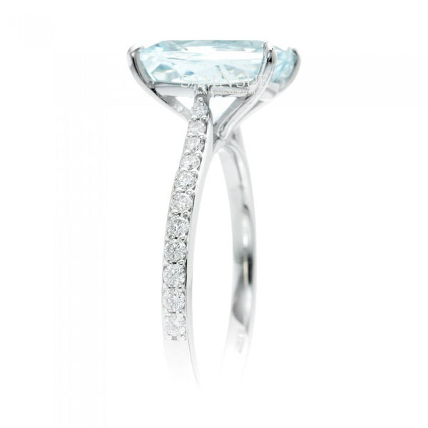 Aquamarine 10x8 solitaire cushion pavé halo diamond engagement ring