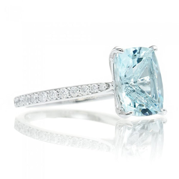 Aquamarine 10x8 solitaire cushion pavé halo diamond engagement ring