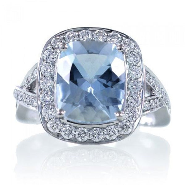 Aquamarine ring 11x9 cushion twist shank diamond engagement ring