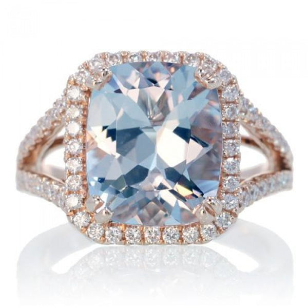 Aquamarine 11x9 cushion split band diamond engagement ring rose gold