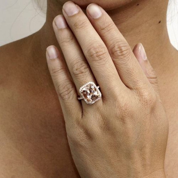 Morganite 11x9 cushion halo diamond solitaire engagement ring 14k rose gold