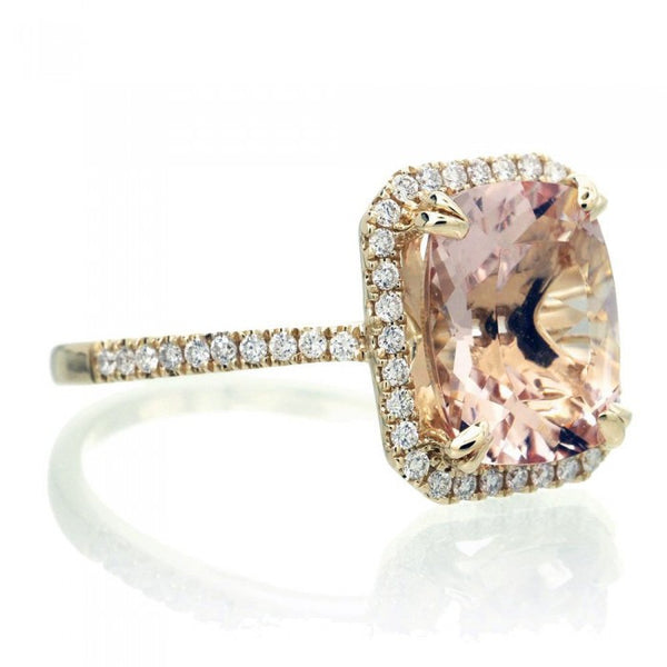 Morganite 11x9 cushion halo diamond solitaire engagement ring 14k yellow gold
