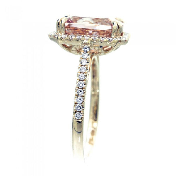 Morganite 11x9 cushion halo diamond solitaire engagement ring 14k yellow gold