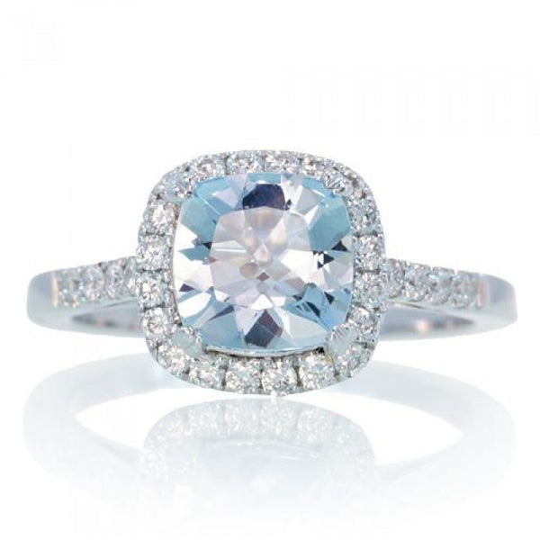 Aquamarine 7mm Cushion Halo Diamond Engagement Ring