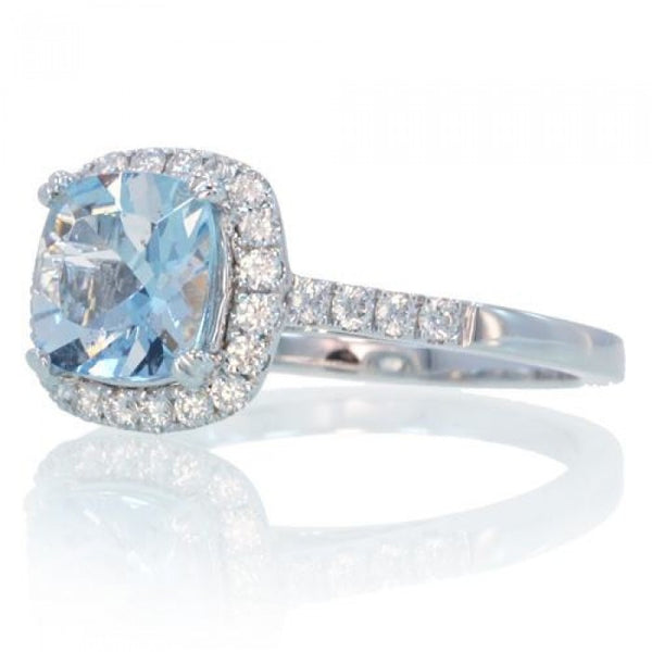 Aquamarine 7mm Cushion Halo Diamond Engagement Ring