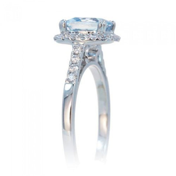 Aquamarine 7mm Cushion Halo Diamond Engagement Ring