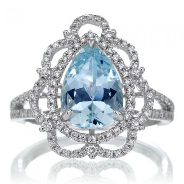 Aquamarine 10x7 pear Victorian style diamond halo split shank ring