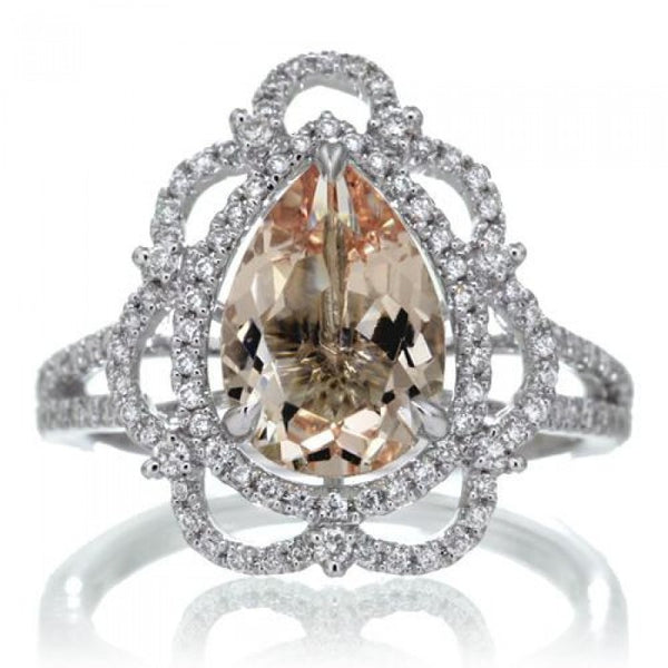 Morganite 10x7 pear Victorian style diamond halo split shank ring