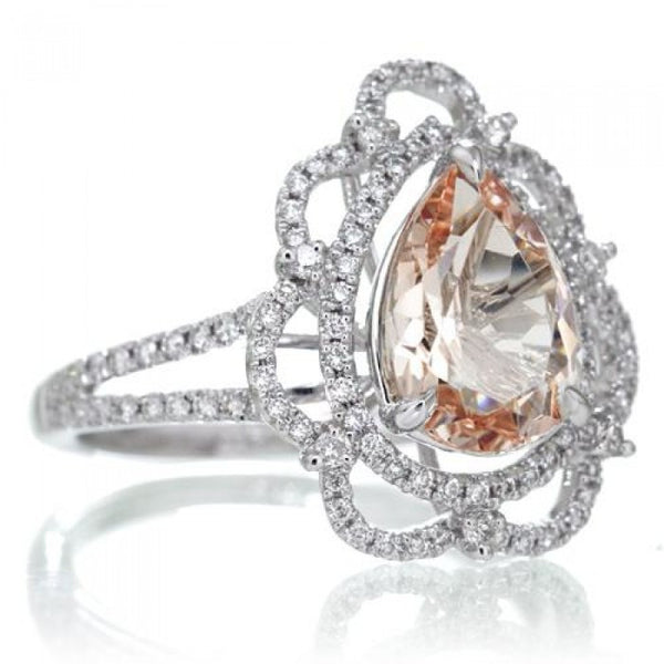 Morganite 10x7 pear Victorian style diamond halo split shank ring