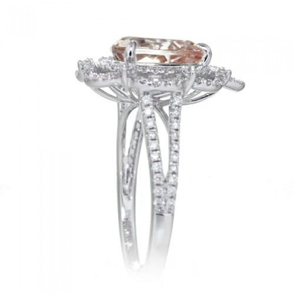 Morganite 10x7 pear Victorian style diamond halo split shank ring