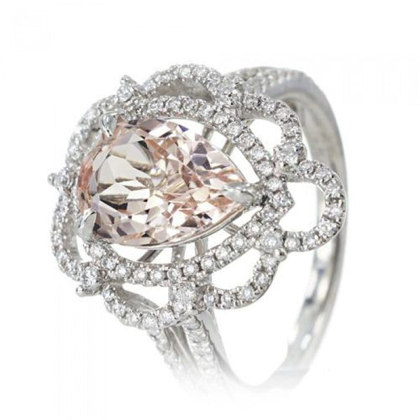 Morganite 10x7 pear Victorian style diamond halo split shank ring