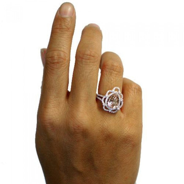 Morganite 10x7 pear Victorian style diamond halo split shank ring