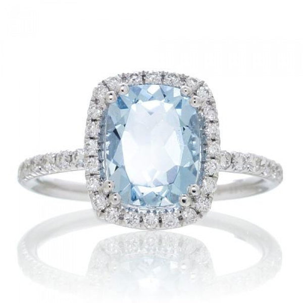 Aquamarine 9x7 cushion dainty diamond halo engagement ring