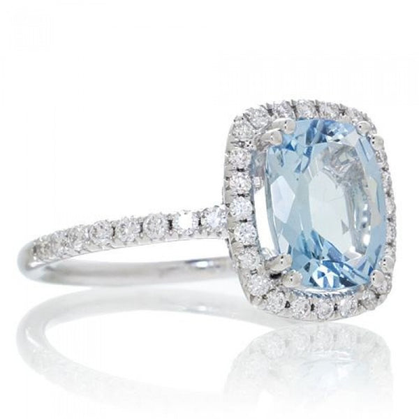 Aquamarine 9x7 cushion dainty diamond halo engagement ring