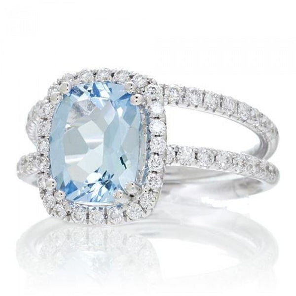 Aquamarine 9x7 cushion dainty diamond halo engagement ring