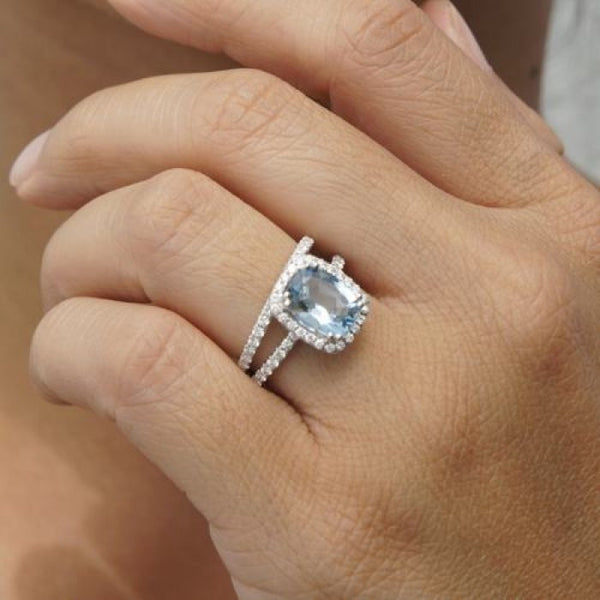 Aquamarine 9x7 cushion dainty diamond halo engagement ring