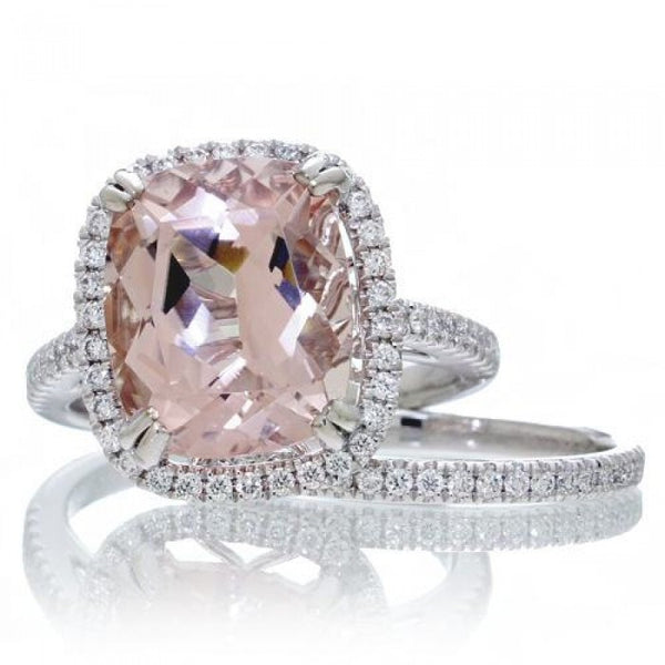 Cushion 12x10 morganite engagement ring diamond halo band