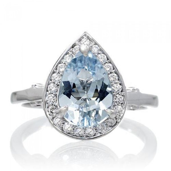 Aquamarine ring 10x7 pear cut diamond halo engagement ring