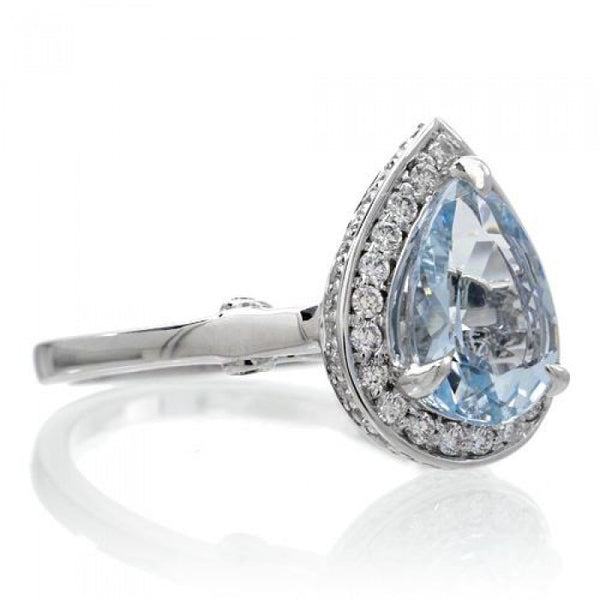 Aquamarine ring 10x7 pear cut diamond halo engagement ring