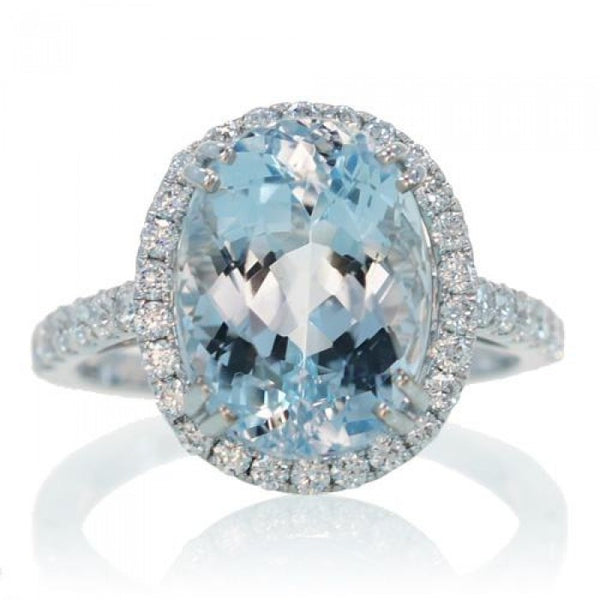 Aquamarine 12x9 oval halo diamond engagement anniversary ring