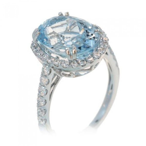 Aquamarine 12x9 oval halo diamond engagement anniversary ring