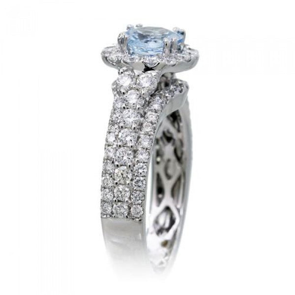 Aquamarine ring 6mm round diamond halo engagement with wide shank