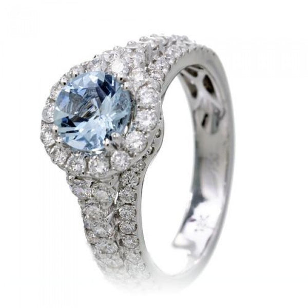 Aquamarine ring 6mm round diamond halo engagement with wide shank