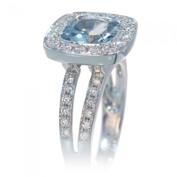 Aquamarine ring 7x7 cushion bezel set split band diamond engagement ring