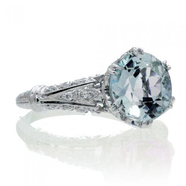 Aquamarine ring 9mm round vintage crown accent diamond ring