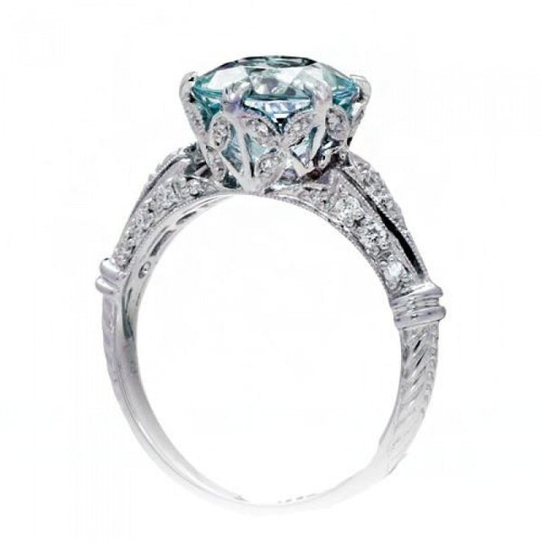 Aquamarine ring 9mm round vintage crown accent diamond ring