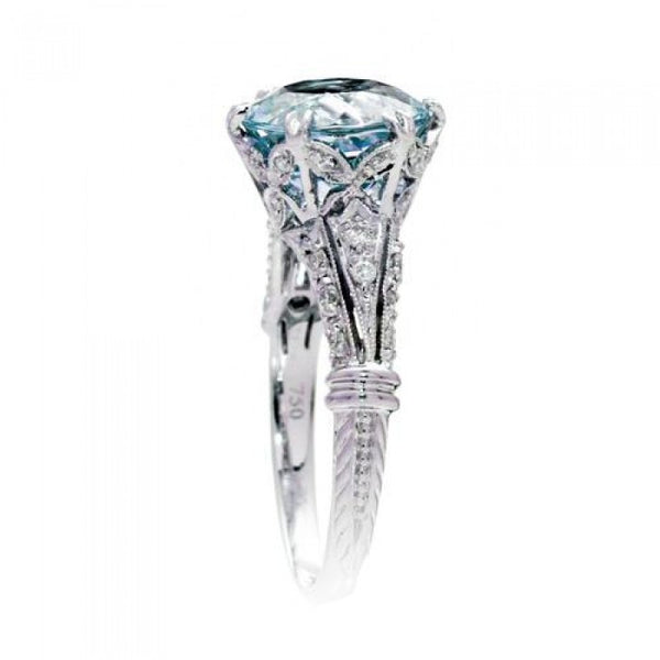 Aquamarine ring 9mm round vintage crown accent diamond ring