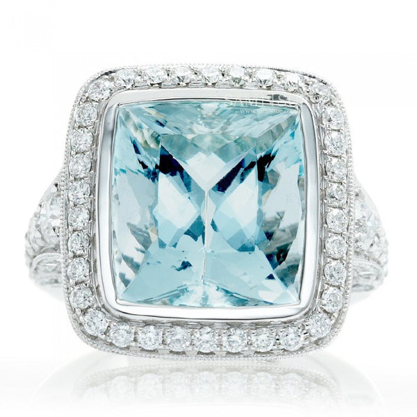 Aquamarine ring extra large antique design bezel setting diamond halo