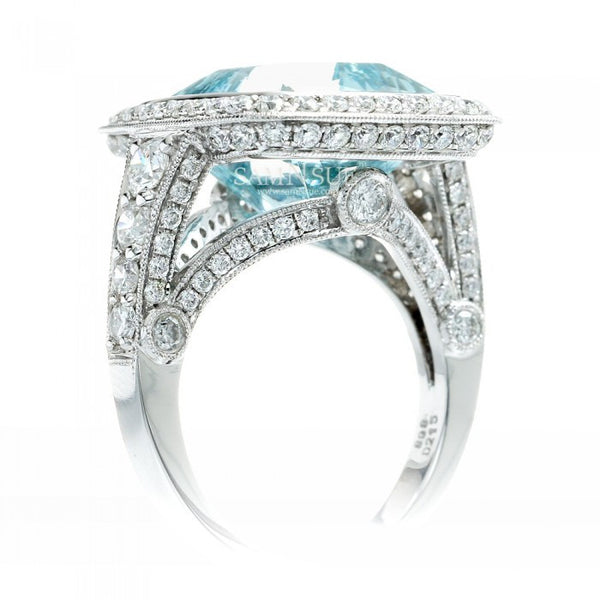 Aquamarine ring extra large antique design bezel setting diamond halo