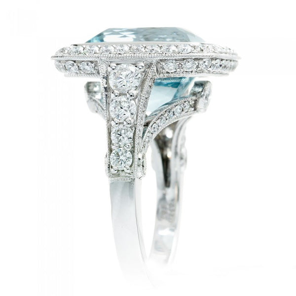 Aquamarine ring extra large antique design bezel setting diamond halo