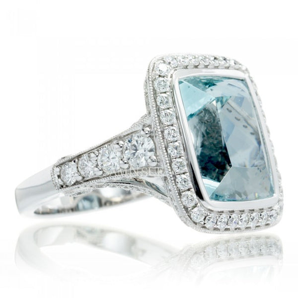 Aquamarine ring extra large antique design bezel setting diamond halo