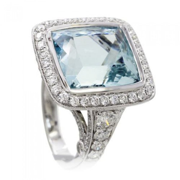 Aquamarine ring extra large antique design bezel setting diamond halo