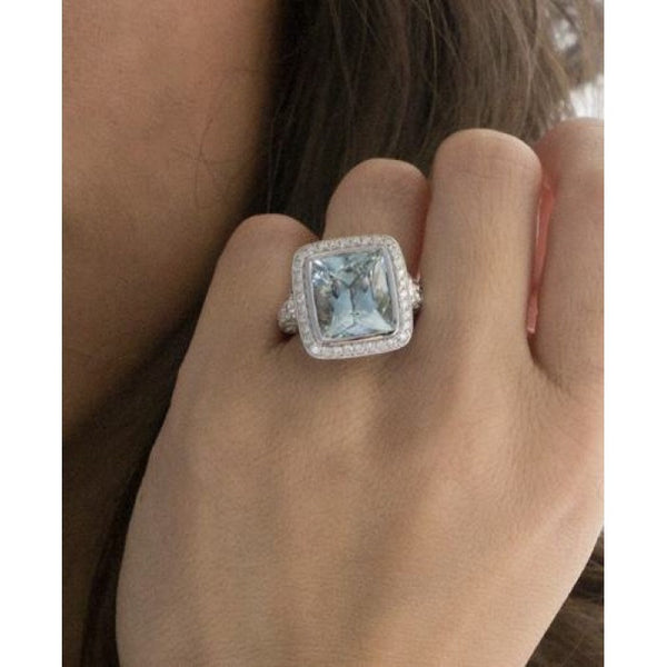 Aquamarine ring extra large antique design bezel setting diamond halo