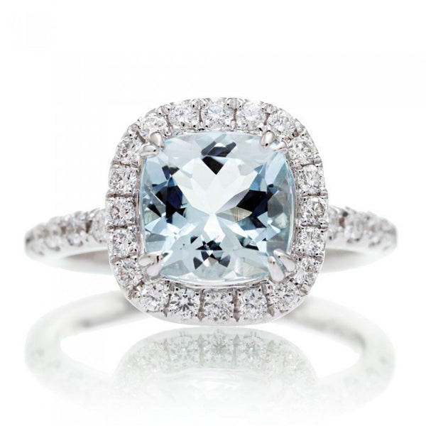 Aquamarine 7x7 cushion cut halo diamond engagement ring