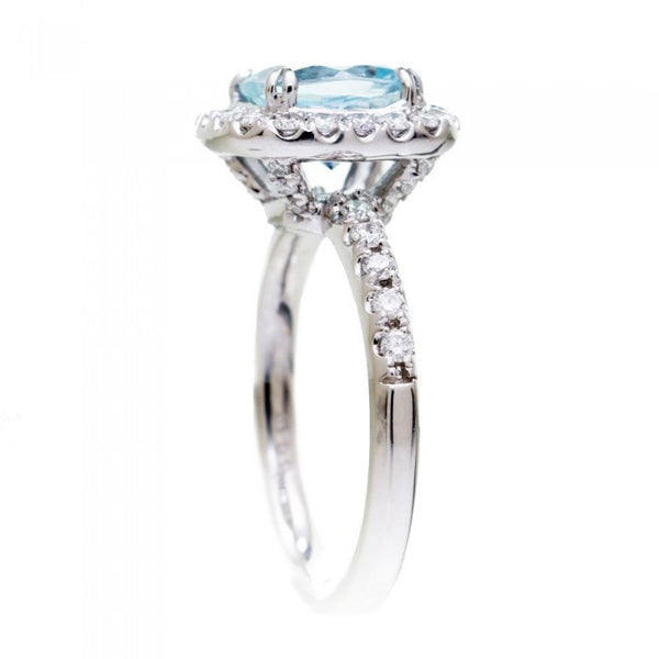 Aquamarine 7x7 cushion cut halo diamond engagement ring