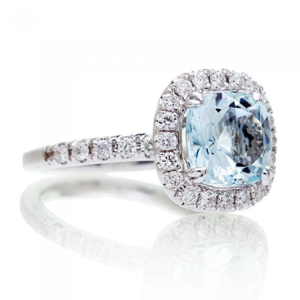 Aquamarine 7x7 cushion cut halo diamond engagement ring